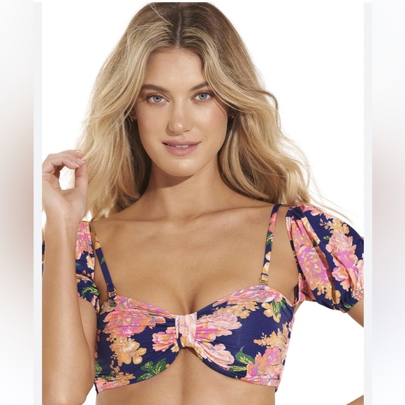 Maaji reversible Puff Sleeve top Bikini blue floral medium - Picture 4 of 4